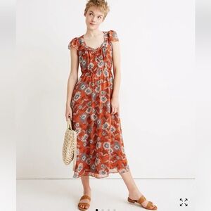 Madewell Size 12 Sheer Sleeve Button Front Midi Dress Gathered Blooms Orange